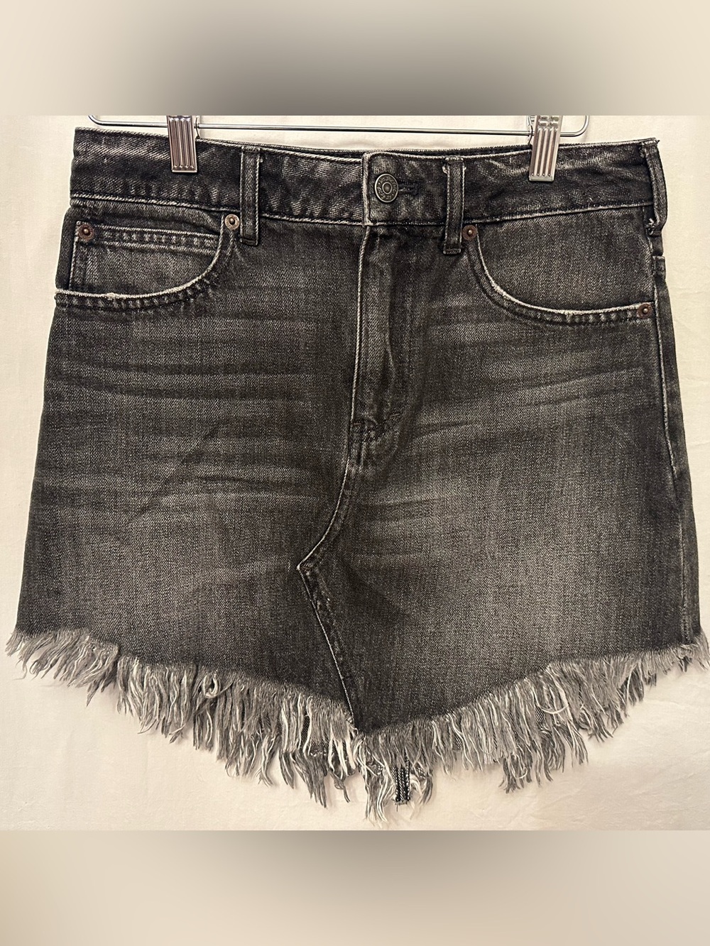 Free People Size 26 Black Distressed Frayed Hem Denim Mini Skirt